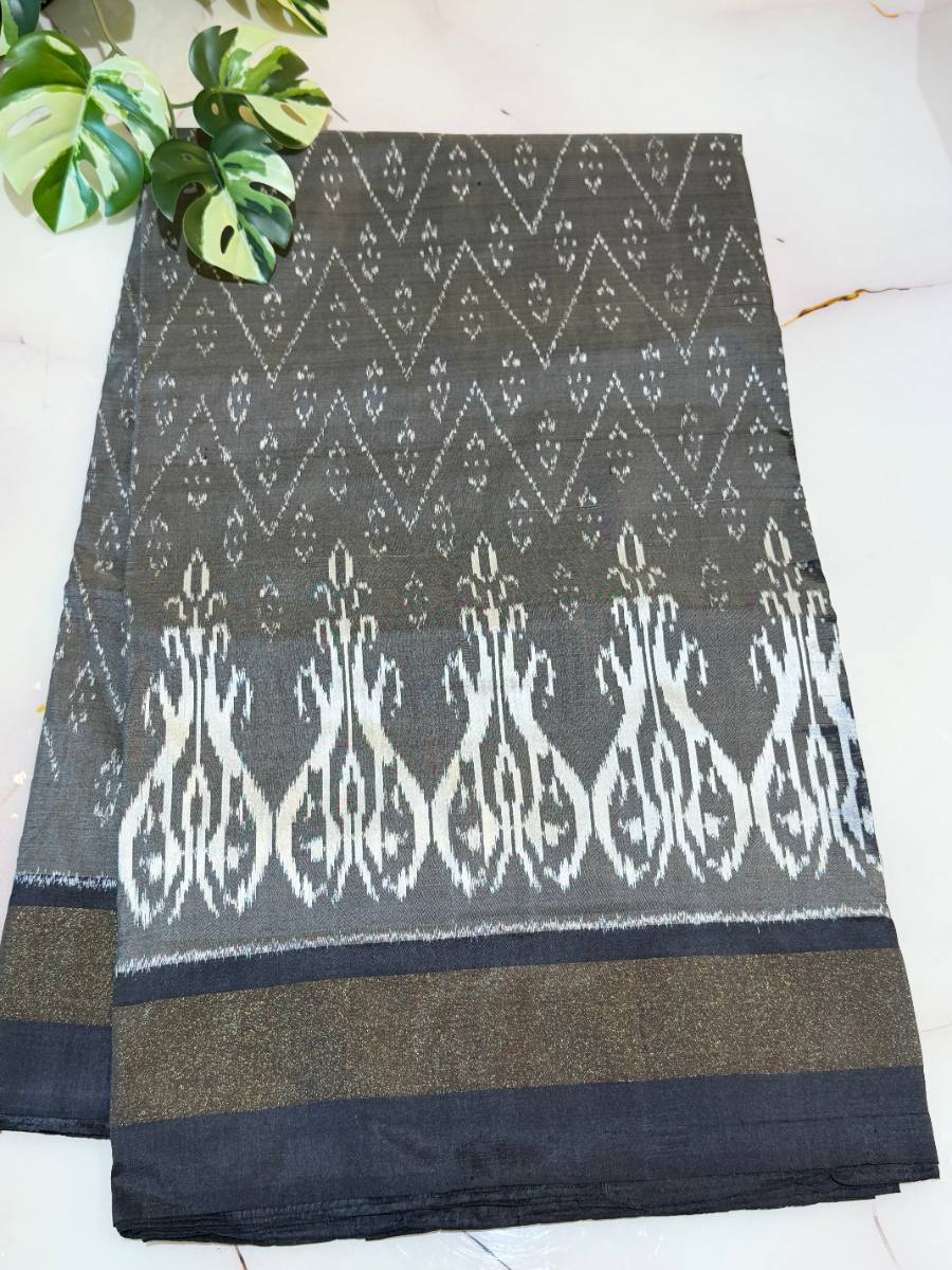 Stone Grey Black Heritage Ikat Silk Saree