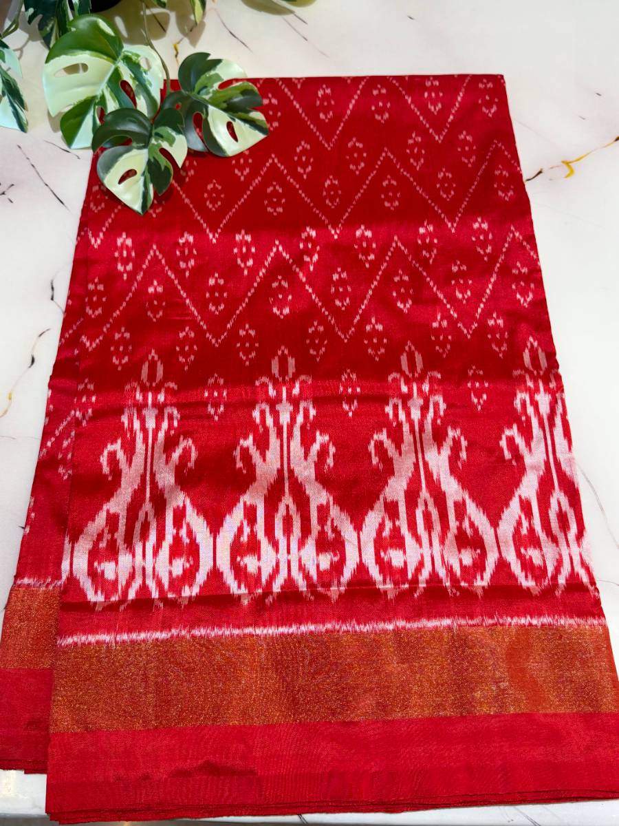 Crimson Chevron Ikat Silk Saree