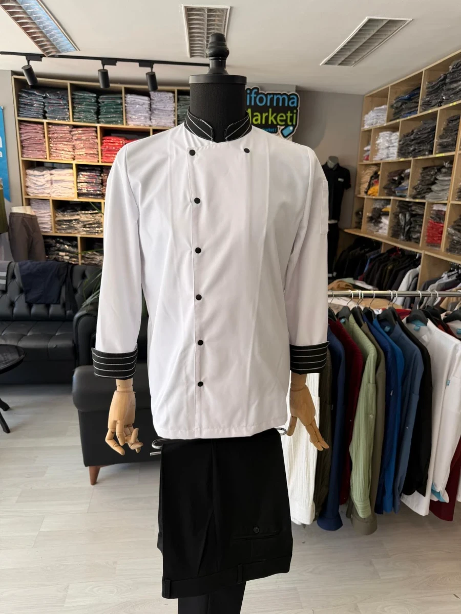 İkon Jübiter Likralı Çizgili Yaka ve Manşet Detaylı Beyaz Şef / Aşçı Ceketi - Seçili Resim
