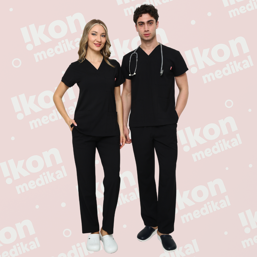 İkon Siyah Doktor Hemşire Likralı Takım