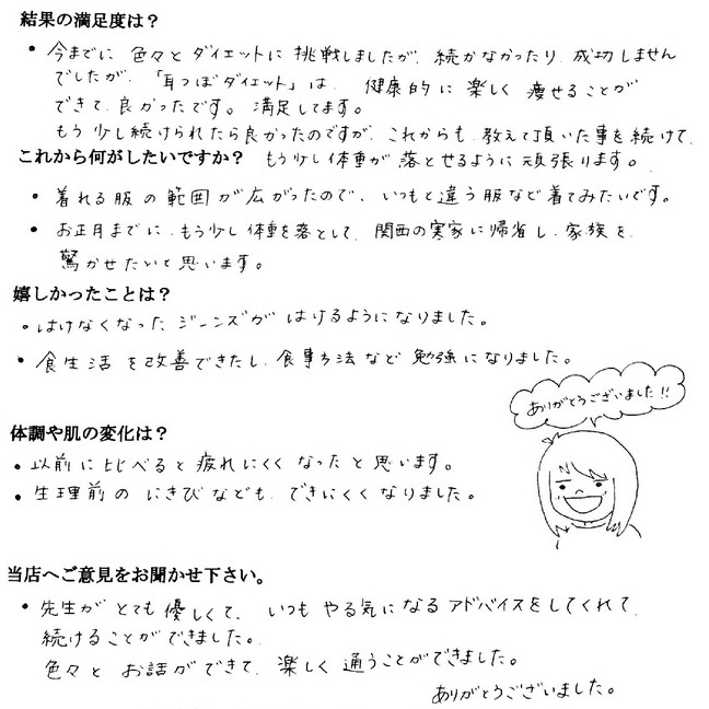食生活を改善できたし、食事方法など勉強になりました。