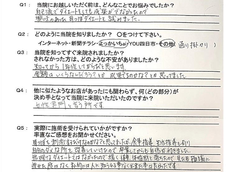 食事指導、生活指導も有り、自分のダメな所を改善していけた。