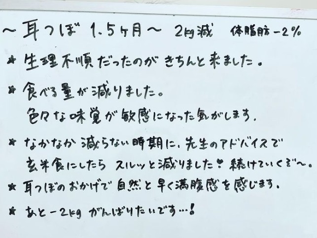 耳つぼのおかげで自然と早く満腹感を感じます。