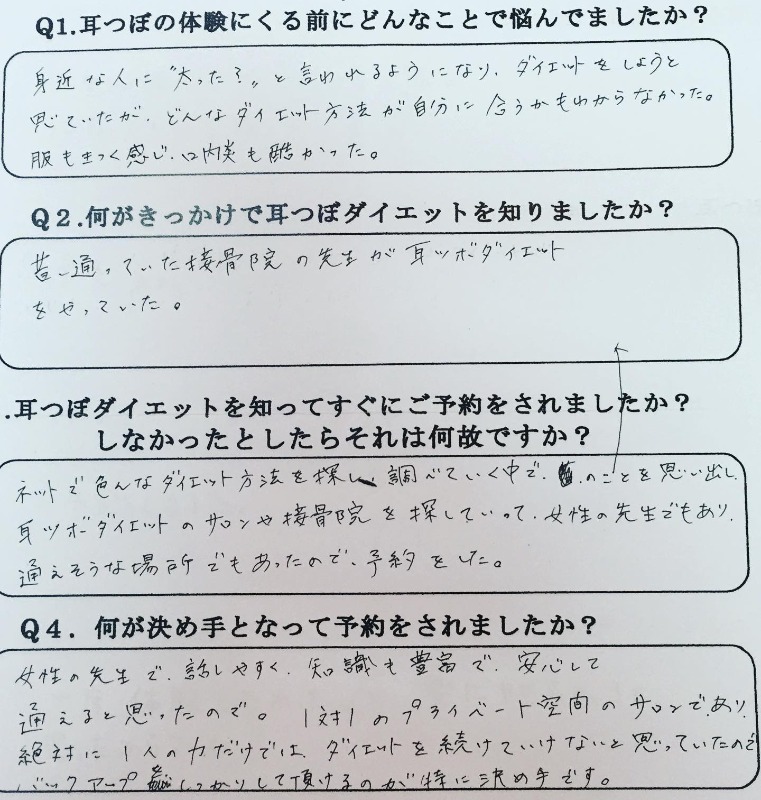 女性の先生で話しやすく、知識も豊富で安心して通えると思った。