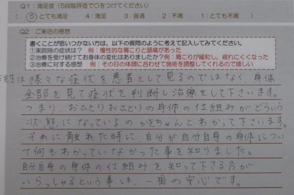 身体全部を見て症状を判断し治療して下さいます。