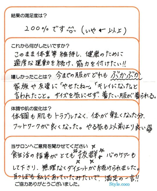 心のケアーもして下さり、無理なくダイエットが続けられました。