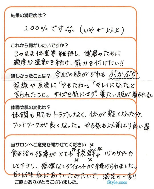 心のケアーもして下さり、無理なくダイエットが続けられました。