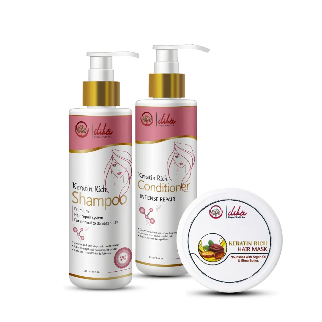 Ilika Keratin Rich Hair Care Combo | Keratin Shampoo, Conditioner & Hair Mask for Hair Repair, Smoothness & Frizz Control