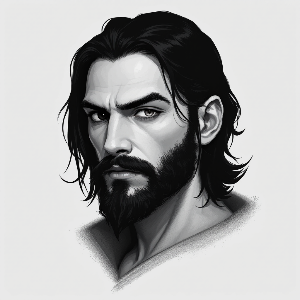 Dungeons and dragons character concept portrait. Male Wizard, Human race, Normal human anatomy and human face, non-fantasy features. Humans have strong jawline and rounded face features, with rounded eyes with white skin, with shoulder-length black hair, with an all-black left eye and an all-white right eye, with a thin nose, with a short black beard, , intricate, elegant, highly detailed, digital painting, artstation, concept art, smooth, sharp focus, illustration, art by stable diffusion ai's favorite artists