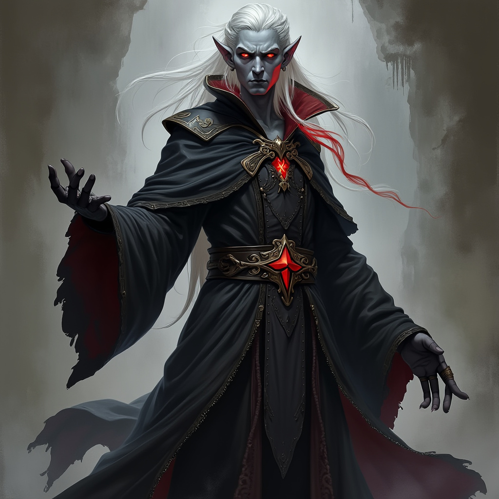 Dungeons and dragons character concept portrait. Male Sorcerer, Drow race, The drow, or dark elf, is a slender figure, with dark gray to nearly black skin. Their hair is stark white or pale silver, contrasting sharply with their skin. Drow have sharp, angular features, and vibrant eyes and angular eyes. They wear dark, elegant clothing with intricate details reflecting their underground and mysterious origins with robe, red hair, , intricate, elegant, highly detailed, digital painting, artstation, concept art, smooth, sharp focus, illustration, art by stable diffusion ai's favorite artists