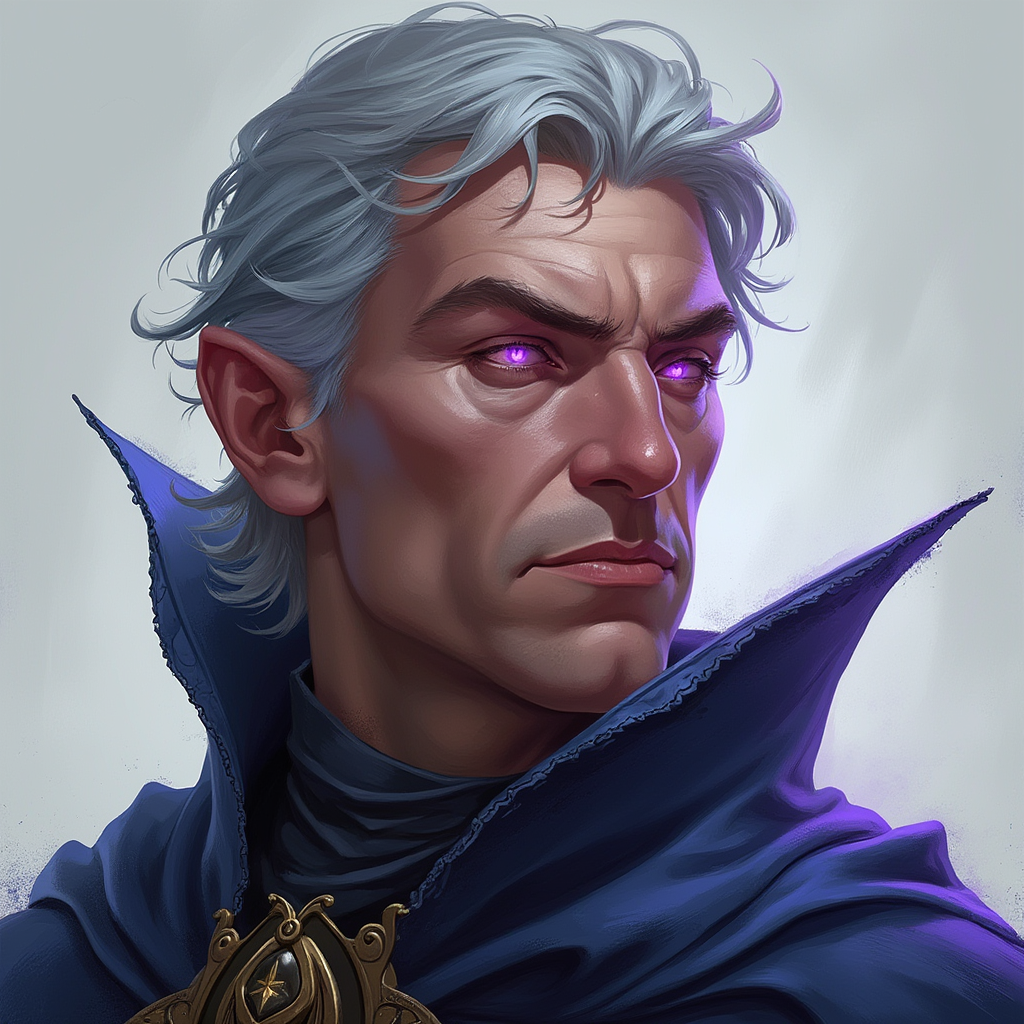 Dungeons and dragons character concept portrait. Male Warlock, Human race, Normal human anatomy and human face, non-fantasy features. Humans have strong jawline and rounded face features, with rounded eyes middle aged human male warlock glowing purple eyes short grey hair no facial hair, , intricate, elegant, highly detailed, digital painting, artstation, concept art, smooth, sharp focus, illustration, art by stable diffusion ai's favorite artists