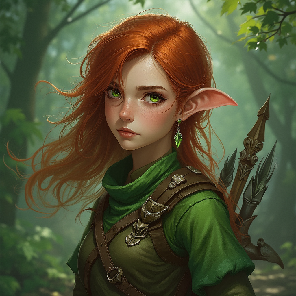 Dungeons and dragons character concept portrait. Female Ranger, Gnome race, The gnome have bright eyes, and an expressive demeanor. They use earrings. Gnomes favor colorful, mismatched clothing female forest gnome pale green skin red hair green eyes, class Ranger, , dnd photography, dnd live action, realistic dnd portrait, medium shot portrait, highly detailed, dynamic shot, 4k photo