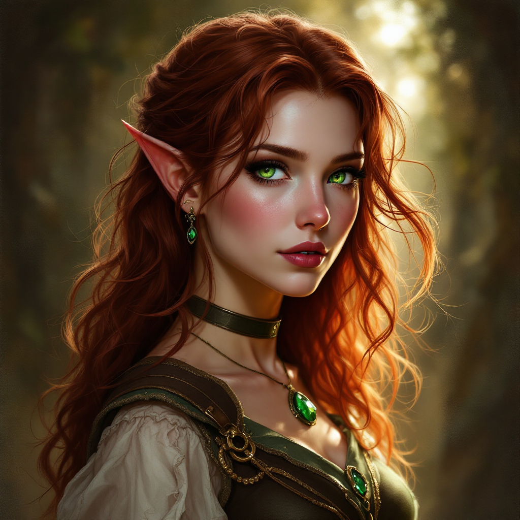Dungeons and dragons character concept portrait. Female Ranger, Half-Elf race, The half-elf is a tall, slender figure. They have a graceful appearance with high cheekbones. Their eyes are typically vibrant and round like human eyes 23 years old. Eyes are bright green with flecks of gold. Skin is pale, silver-white. Hair is dark red, wavy and shiny. Wears a green amulet necklace., , dnd baroque character portrait, dnd character from the baroque era, baroque luxurious elements, baroque dramatic lighting, light and shadow contrast