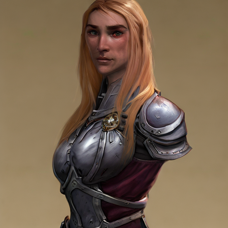 Dungeons and dragons character concept portrait. Female Human race, Good tendencies, Soldier profession, armor, soldier light armor, soldier helmet, medieval helmet, Lesser Nobility social class,  With blonde hair, lancequette, big breasts, nice,  front-facing portrait, medium shot, intricate, elegant, highly detailed, digital painting, artstation, concept art, smooth, sharp focus, illustration, art by stable diffusion ai's favorite artists