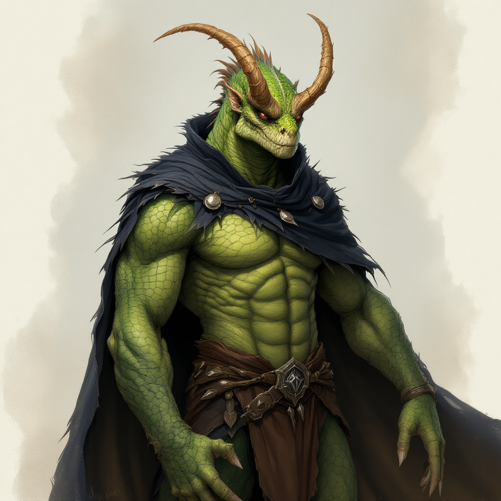 Dungeons and dragons character concept portrait. Male Fighter, Dragonborn race, The dragonborn is a tall and muscular humanoid, covered in fine, leather scales with larger scales on their forearms, legs, shoulders, and thighs. They have clawed hands and feet with three fingers and a thumb. Their face has a blunt snout, strong brow, and frills near the cheeks and ears. A crest of horn-like scales runs down the back of their head, resembling thick, ropy hair. Their eyes are red or gold He has the appearance of a green chameleon Lizard-folk. He wears the Cloak of Arachnida: A fine garment made of black silk interwoven with faint silvery threads, and under the cloak he wears common clothes . He is wielding A Sun Blade: a sword with a silver hilt and a blade of pure golden-white radiance that is thin as a wire. He has green eyes and a 1 single horn centered on his forehead., with green skin, , tech dnd character portrait, dnd tech character, highly detailed, high quality tech character, with technology elements, sci-fi dnd character