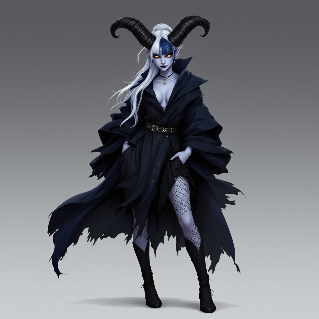 Dungeons and dragons character concept portrait. Female Sorcerer, Tiefling race, The tiefling is a tall and striking figure with a lean and muscular build. Sharp horns that grow amidst the hairline. Tieflings have glowing eyes which give them an otherworldly appearance. Tieflings favor bold clothing incorporating dark colors and intricate patterns Two-tone Navy and white Hair in a long ponytail with straight-cut bangs. Very pale blue skin. Emo/goth style clothes and a shadowy cape. Standing with hands in pockets. Black ram style horns, , intricate, elegant, highly detailed, digital painting, artstation, concept art, smooth, sharp focus, illustration, art by stable diffusion ai's favorite artists