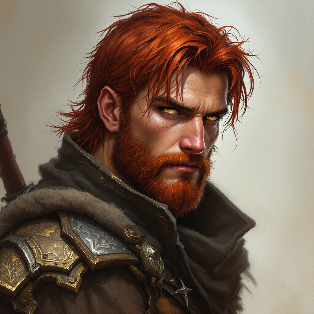 Dungeons and dragons character concept portrait. Male Barbarian, Human race, Normal human anatomy and human face, non-fantasy features. Humans have strong jawline and rounded face features, with rounded eyes autumn-red Autumn red- hair, sharp gold eyes, a face built by the gods. He's wearing a rider's leathers. , , intricate, elegant, highly detailed, digital painting, artstation, concept art, smooth, sharp focus, illustration, art by stable diffusion ai's favorite artists