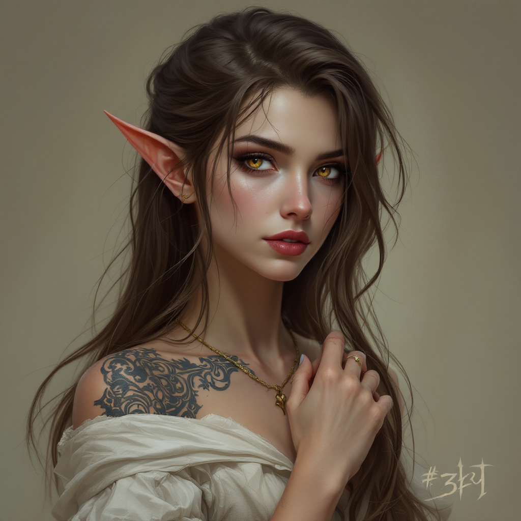 Dungeons and dragons character concept portrait. Female Bard, Elf race, The elf is a slender, athletic figure, standing about the same height as a human. Elves have bright eyes. Elves have angular features and angular eyes. Their hair long with loose hairstyle Beautiful, brunette with sparkling hazel eyes, with long hair, with tattoos on the face, , intricate, elegant, highly detailed, digital painting, artstation, concept art, smooth, sharp focus, illustration, art by stable diffusion ai's favorite artists