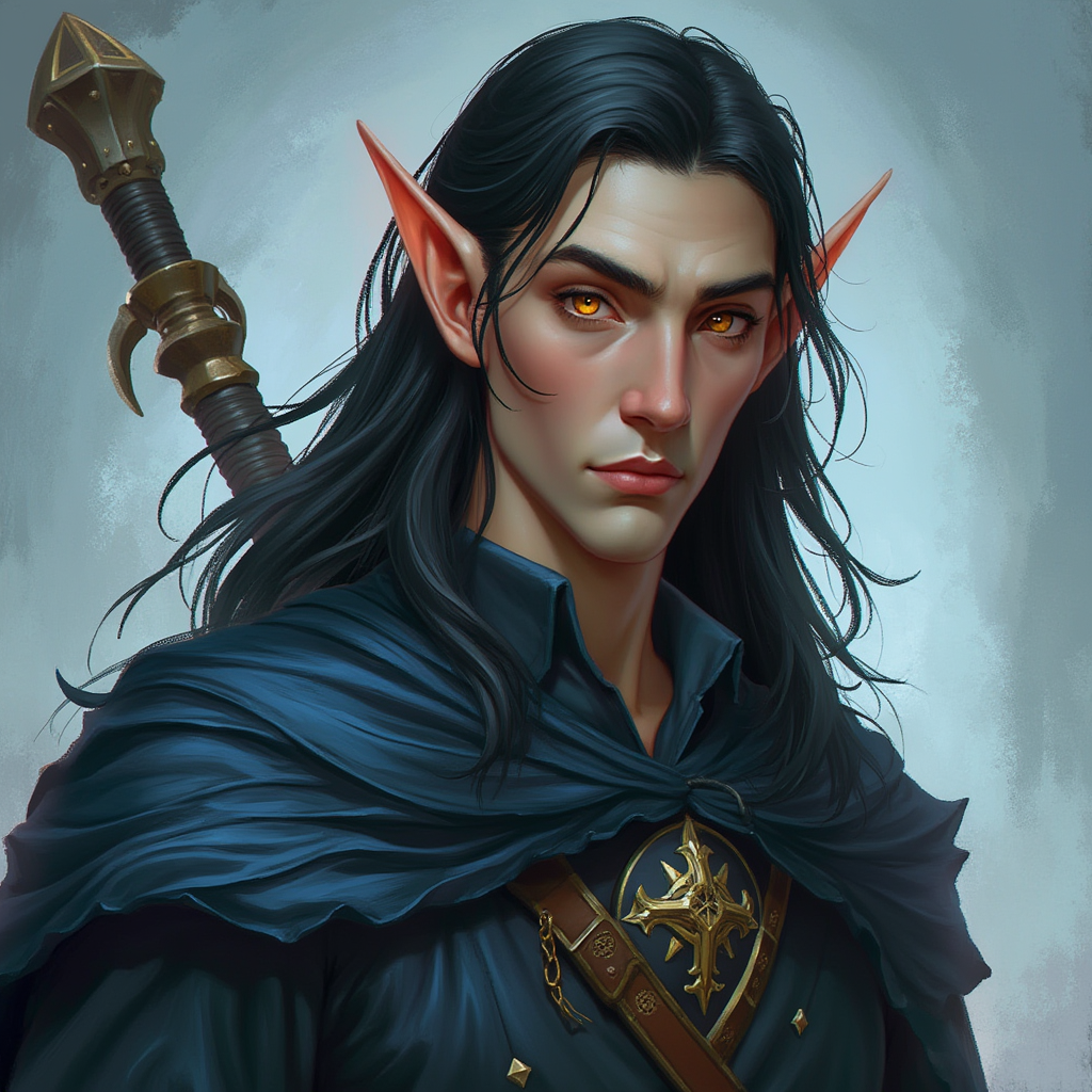 Dungeons and dragons character concept portrait. Male Sorcerer, Half-Elf race, The half-elf is a tall, slender figure. They have a graceful appearance with high cheekbones. Their eyes are typically vibrant and round like human eyes with long hair, , intricate, elegant, highly detailed, digital painting, artstation, concept art, smooth, sharp focus, illustration, art by stable diffusion ai's favorite artists