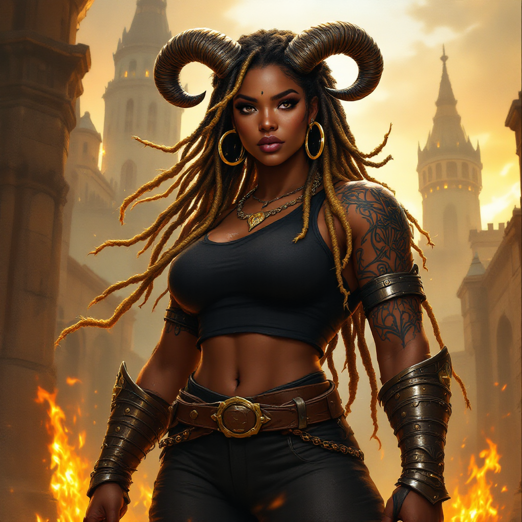 Dungeons and dragons character concept portrait. Female Barbarian, Human race, Normal human anatomy and human face, non-fantasy features. Humans have strong jawline and rounded face features, with rounded eyes A powerful and curvaceous dark-skinned woman with dark golden dreadlocks adorned with metal accents and large curved horns, stands confidently. Her age appears to be mid-20s, exhibiting a strong, muscular physique with intricate tribal tattoos. She wears a black crop top and dark pants, a brown leather belt, and metallic arm armor. Her face features prominent cheekbones, dark eyes, and a determined expression. Gold hoop earrings and a decorative necklace further enhance her appearance. The setting is a detailed architectural background, with a warm, orange-toned sky suggesting either sunrise or sunset. Fiery flames flicker in the foreground, adding a touch of danger and dynamism. The overall composition is a mix of fantasy and heroic elements, with a dynamic perspective and a focus on detail, evoking a sense of strength and adventure. The art style could be described as a combination of fantasy illustration and anime-inspired design, creating a vivid and compelling aesthetic., , dnd comics character drawing, dnd comics character, 2d comics drawing, marvel comics style character, dc comics style character