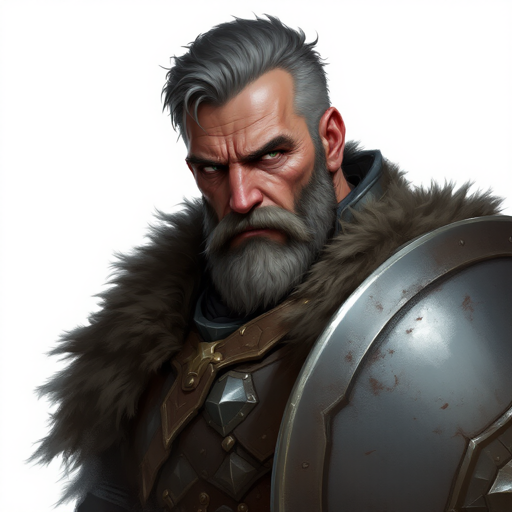 Dungeons and dragons character concept portrait. Male Fighter, Human race, Normal human anatomy and human face, non-fantasy features. Humans have strong jawline and rounded face features, with rounded eyes a Old man, battered armor, short dark gray beard with, sharp gray eyes, tired eyes, with a shield on his arm, , intricate, elegant, highly detailed, digital painting, artstation, concept art, smooth, sharp focus, illustration, art by stable diffusion ai's favorite artists