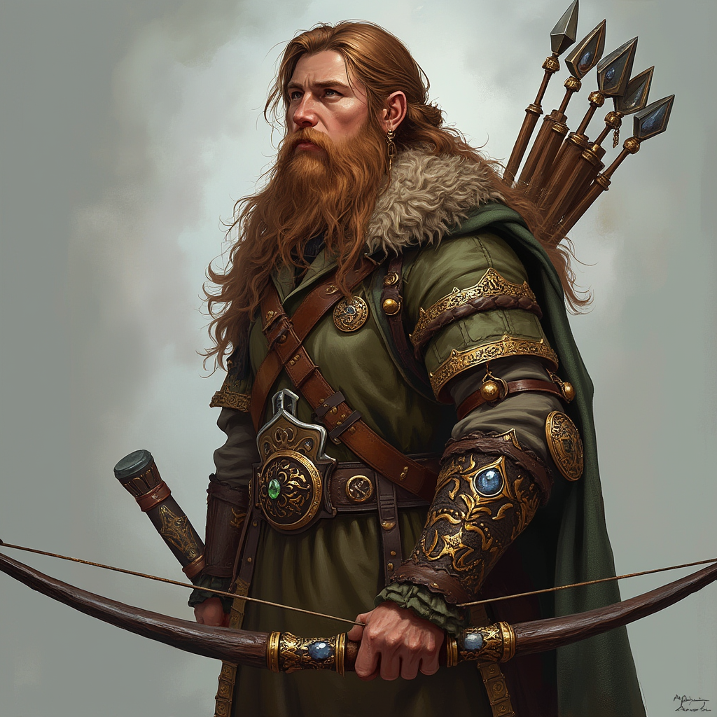 Dungeons and dragons character concept portrait. Male Ranger, Dwarf race, The dwarf is a short and broad figure. Dwarves have long hair. Dwarves have rounded face features. Their clothing and gear are decorated with bold geometric designs, gems, and ancestral faces full body portrait. dwarf male of a early adult age. formerly a farmer and now a ranger. love of animals and believes in justice. proficient in  survival, animal handling, and the long bow. viking type embodiment. brown hair. , , intricate, elegant, highly detailed, digital painting, artstation, concept art, smooth, sharp focus, illustration, art by stable diffusion ai's favorite artists