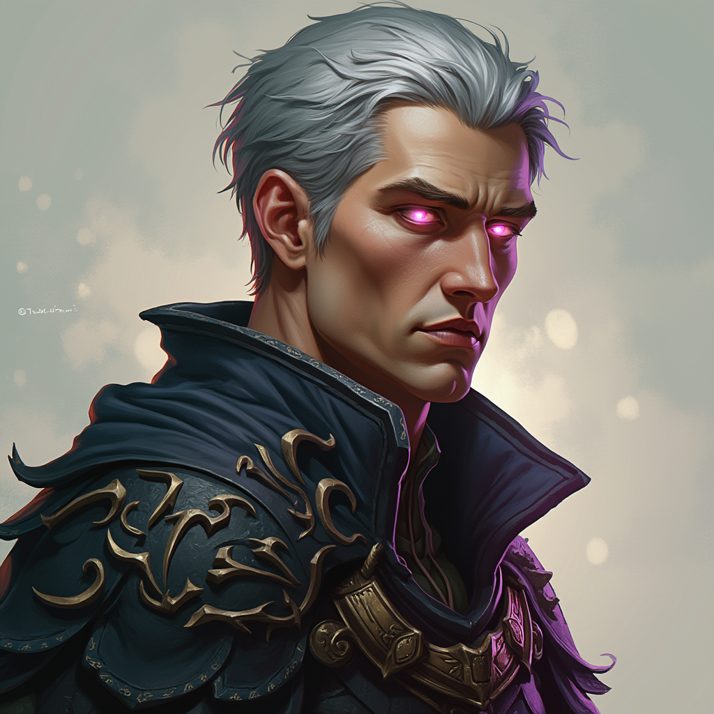 Dungeons and dragons character concept portrait. Male Warlock, Human race, Normal human anatomy and human face, non-fantasy features. Humans have strong jawline and rounded face features, with rounded eyes middle aged human male warlock glowing pink eyes short grey hair no facial hair, , intricate, elegant, highly detailed, digital painting, artstation, concept art, smooth, sharp focus, illustration, art by stable diffusion ai's favorite artists