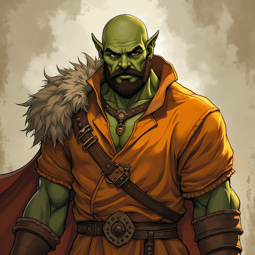 Dungeons and dragons character concept portrait. Male Barbarian, Human race, Normal human anatomy and human face, non-fantasy features. Humans have strong jawline and rounded face features, with rounded eyes tall masculine half orc no beard, bald, orange clothes, brown eyes, with green skin, no beard, no facial hair except for eyebrows. Round ears, , dnd anime character portrait, dnd anime character, highly detailed, high quality anime character