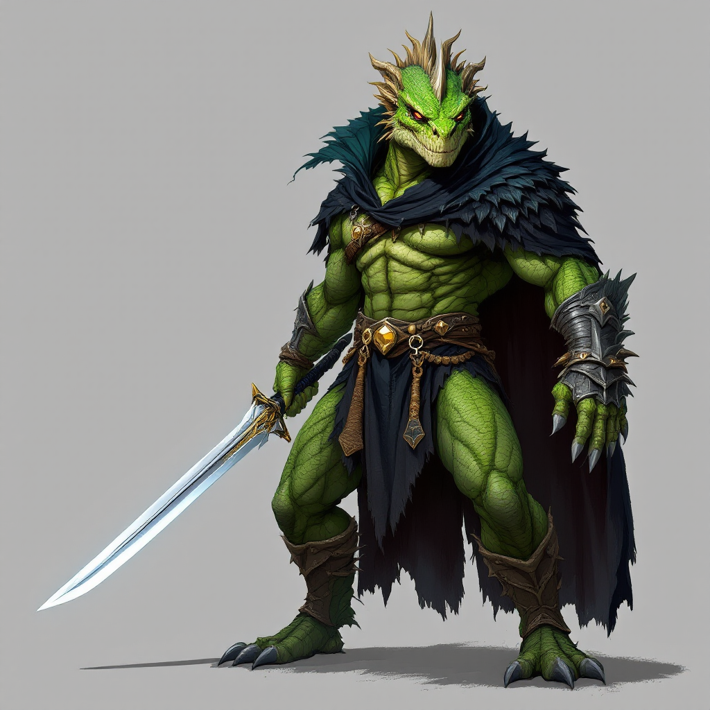 Dungeons and dragons character concept portrait. Male Fighter, Dragonborn race, The dragonborn is a tall and muscular humanoid, covered in fine, leather scales with larger scales on their forearms, legs, shoulders, and thighs. They have clawed hands and feet with three fingers and a thumb. Their face has a blunt snout, strong brow, and frills near the cheeks and ears. A crest of horn-like scales runs down the back of their head, resembling thick, ropy hair. Their eyes are red or gold He has the appearance of a green chameleon Lizard-folk. He wears the Cloak of Arachnida: A fine garment made of black silk interwoven with faint silvery threads, and under the cloak he wears common clothes . He is wielding A Sun Blade: a sword with a silver hilt and a blade of pure golden-white radiance that is thin as a wire. He has green eyes and a 1 single horn centered on his forehead., with green skin, , tech dnd character portrait, dnd tech character, highly detailed, high quality tech character, with technology elements, sci-fi dnd character