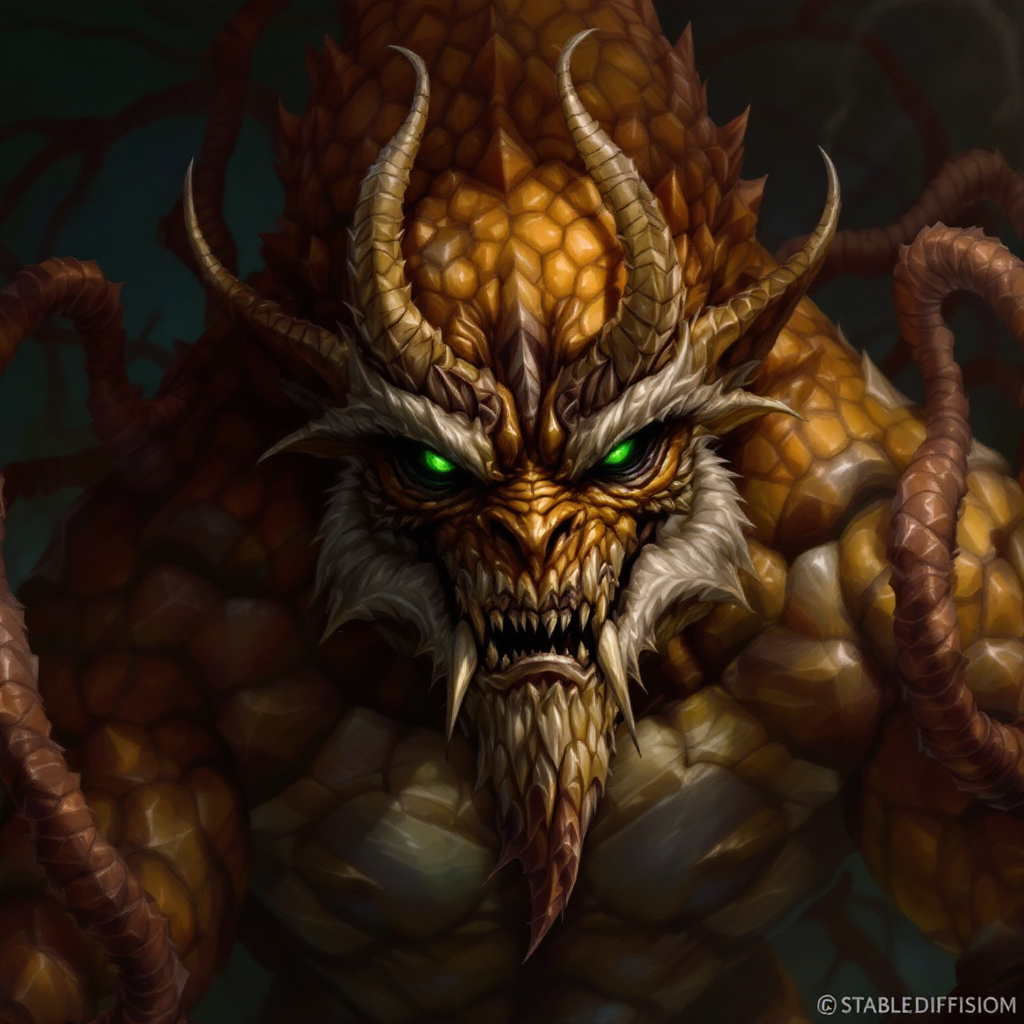 The DnD Monster is a menacing creature that represents a threat. DnD Monster. Bronze Male monster  Deep bronze scales, green eyes , . Dungeons and dragons monster concept portrait, intricate, elegant, highly detailed, digital painting, artstation, concept art, smooth, sharp focus, illustration, art by stable diffusion ai's favorite artists
