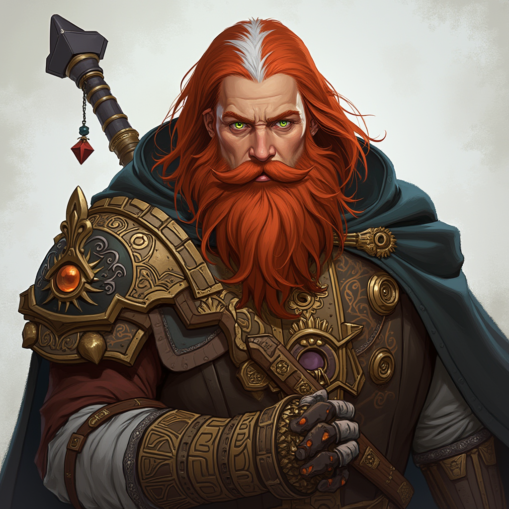 Dungeons and dragons character concept portrait. Male Cleric, Dwarf race, The dwarf is a short and broad figure. Dwarves have long hair. Dwarves have rounded face features. Their clothing and gear are decorated with bold geometric designs, gems, and ancestral faces Artificer with long red hair  and beard with a white streak in his hair with a robot arm with one amber eye and one eerie green eye, , intricate, elegant, highly detailed, digital painting, artstation, concept art, smooth, sharp focus, illustration, art by stable diffusion ai's favorite artists