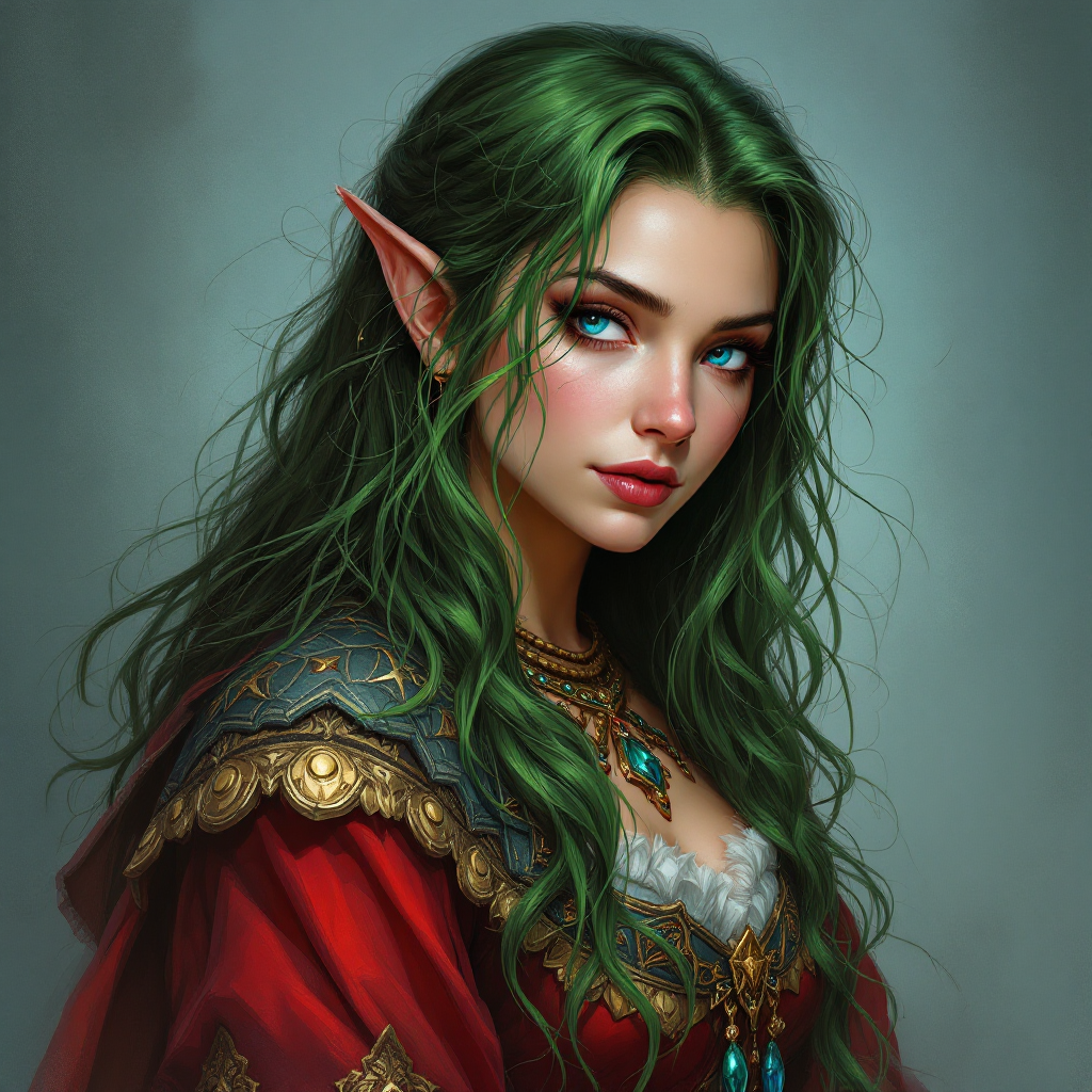 Dungeons and dragons character concept portrait. Female Druid, Dwarf race, The dwarf is a short and broad figure. Dwarves have long hair. Dwarves have rounded face features. Their clothing and gear are decorated with bold geometric designs, gems, and ancestral faces mischief making Christmas elf with green long hair and spakling blue eyes with a sword also she has a red and white dress, , dnd comics character drawing, dnd comics character, 2d comics drawing, marvel comics style character, dc comics style character