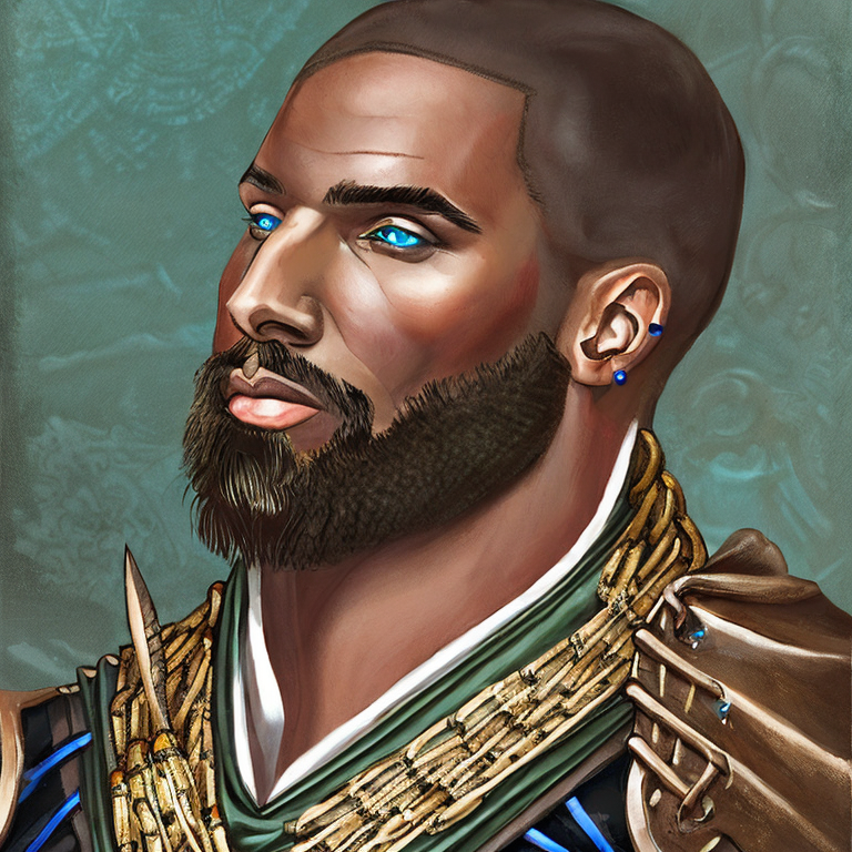 Dungeons and dragons character concept portrait. Male Rogue, Human race,  black male with braided beard, with piercing green with a little blue eyes that have a glow to it and shaved head on both sides with brairds going down the middle, dressed in a deep black armor cloak, a large crossbow on his back, , intricate, elegant, highly detailed, digital painting, artstation, concept art, smooth, sharp focus, illustration, art by stable diffusion ai's favorite artists