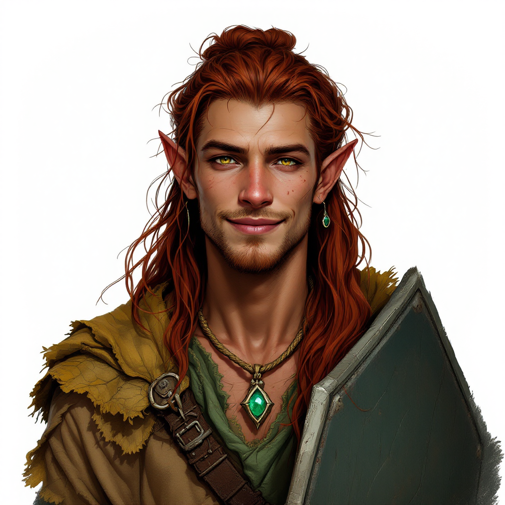 Dungeons and dragons character concept portrait. Male Druid, Elf race, The elf is a slender, athletic figure, standing about the same height as a human. Elves have bright eyes. Elves have angular features and angular eyes. Their hair long with loose hairstyle Age appears 20 years old. Circle of spores Druid, dark chocolate skin and green eyes. Clean shaven. Half-up half-down hairstyle, top section gathered loosely at the crown, rest of hair falling in loose waves past the shoulders, dark crimson color. Wears an old emerald amulet on a rope necklace. Has a dark green wooden shield on his back. Expression is a peaceful smile, eyes appear joyful. Freckles on cheeks. Skinny and gangly body and face., , dnd hand drawing, dnd drawing portrait, dnd character drawing, highly detailed hand drawing, high quality character drawing, colored drawing, colorful drawing, light background, solid background