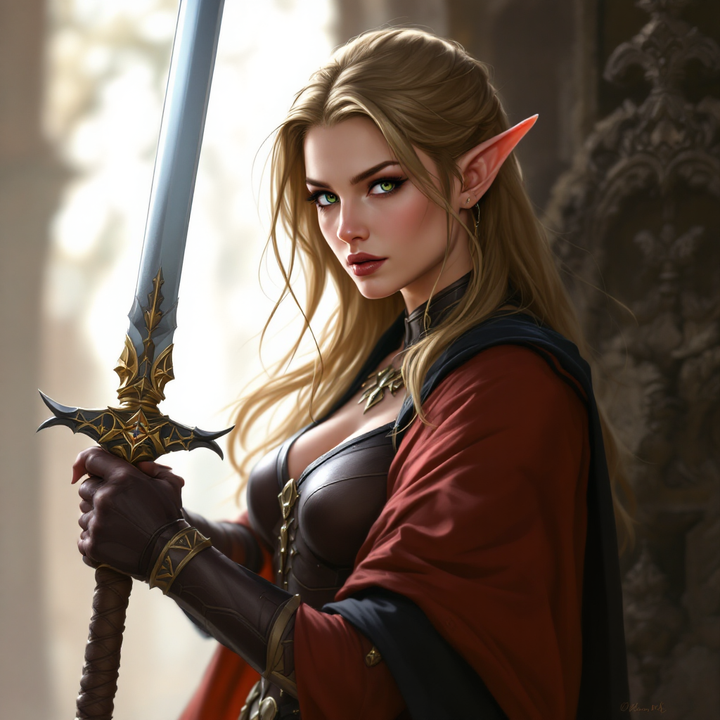 Dungeons and dragons character concept portrait. Female Fighter, Elf race, The elf is a slender, athletic figure, standing about the same height as a human. Elves have bright eyes. Elves have angular features and angular eyes. Their hair long with loose hairstyle female high elf fighter, , intricate, elegant, highly detailed, digital painting, artstation, concept art, smooth, sharp focus, illustration, art by stable diffusion ai's favorite artists