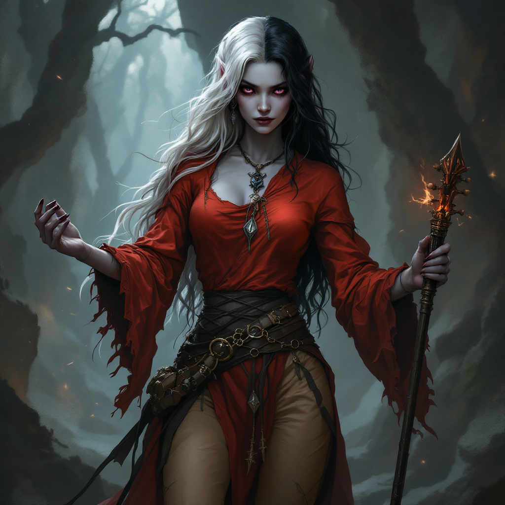 Dungeons and dragons character concept portrait. Female Bard, Drow race, The drow, or dark elf, is a slender figure, with dark gray to nearly black skin. Their hair is stark white or pale silver, contrasting sharply with their skin. Drow have sharp, angular features, and vibrant eyes and angular eyes. They wear dark, elegant clothing with intricate details reflecting their underground and mysterious origins Dungeons and dragons character concept portrait. Female Bard, Drow race, The drow, or dark elf, is a slender figure, with dark gray skin. hair is wavy very long and black hair, Drow have sharp, angular features, and vibrant dark purple and angular eyes. They wear dark, elegant clothing with intricate details reflecting their underground and mysterious origins, Dungeons and dragons character full body portrait, Female, a red colored gipsy shirt, beige leather laced pants. 30 year old female, sad face, hears are not pointy, She stands 160cm tall and is slim, holding a Vielle musical instrument. one dagger and one scimitar on belt, No tatoos or marks. dnd photography, dnd live action, realistic dnd portrait,highly detailed, dynamic shot, 4k photo, , intricate, elegant, highly detailed, digital painting, artstation, concept art, smooth, sharp focus, illustration, art by stable diffusion ai's favorite artists, , intricate, elegant, highly detailed, digital painting, artstation, concept art, smooth, sharp focus, illustration, art by stable diffusion ai's favorite artists