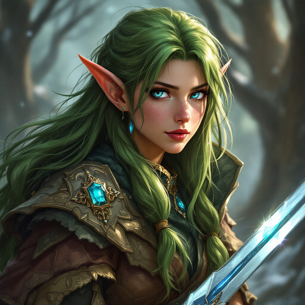 Dungeons and dragons character concept portrait. Female Druid, Dwarf race, The dwarf is a short and broad figure. Dwarves have long hair. Dwarves have rounded face features. Their clothing and gear are decorated with bold geometric designs, gems, and ancestral faces mischief making Christmas elf with green long hair and spakling blue eyes with a sword, , dnd anime character portrait, dnd anime character, highly detailed, high quality anime character