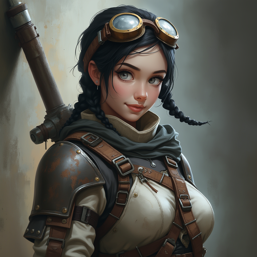 Dungeons and dragons character concept portrait. Female Fighter, Human race, Normal human anatomy and human face, non-fantasy features. Humans have strong jawline and rounded face features, with rounded eyes black hair, grey eyes, silver eyes, confident, engineer, pale skin, ashen skin, gunblade, gunbreaker, braided hair, smile, smug, light armor, goggles, human, , dnd photography, dnd live action, realistic dnd portrait, medium shot portrait, highly detailed, dynamic shot, 4k photo