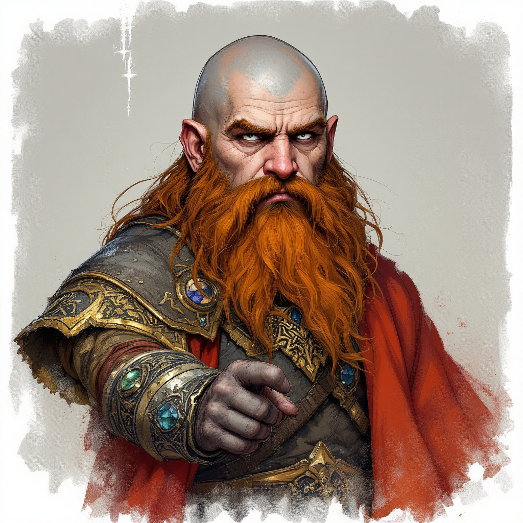 Dungeons and dragons character concept portrait. Male Warlock, Dwarf race, The dwarf is a short and broad figure. Dwarves have long hair. Dwarves have rounded face features. Their clothing and gear are decorated with bold geometric designs, gems, and ancestral faces Young goliath, bald, gray skin, white eyes, , old school dnd portrait, old school dnd character, traditional dnd character art, dungeons and dragons traditional art, 2d character drawing, colored drawing, colorful drawing