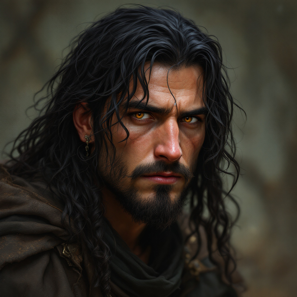 Dungeons and dragons character concept portrait. Male Wizard, Human race, Normal human anatomy and human face, non-fantasy features. Humans have strong jawline and rounded face features, with rounded eyes Amuby Derhubb is a 35 year old female stout halfling cleric.  She has long, curled, black hair and brown eyes.  She has rugged brown skin.  She stands 109cm (3'6