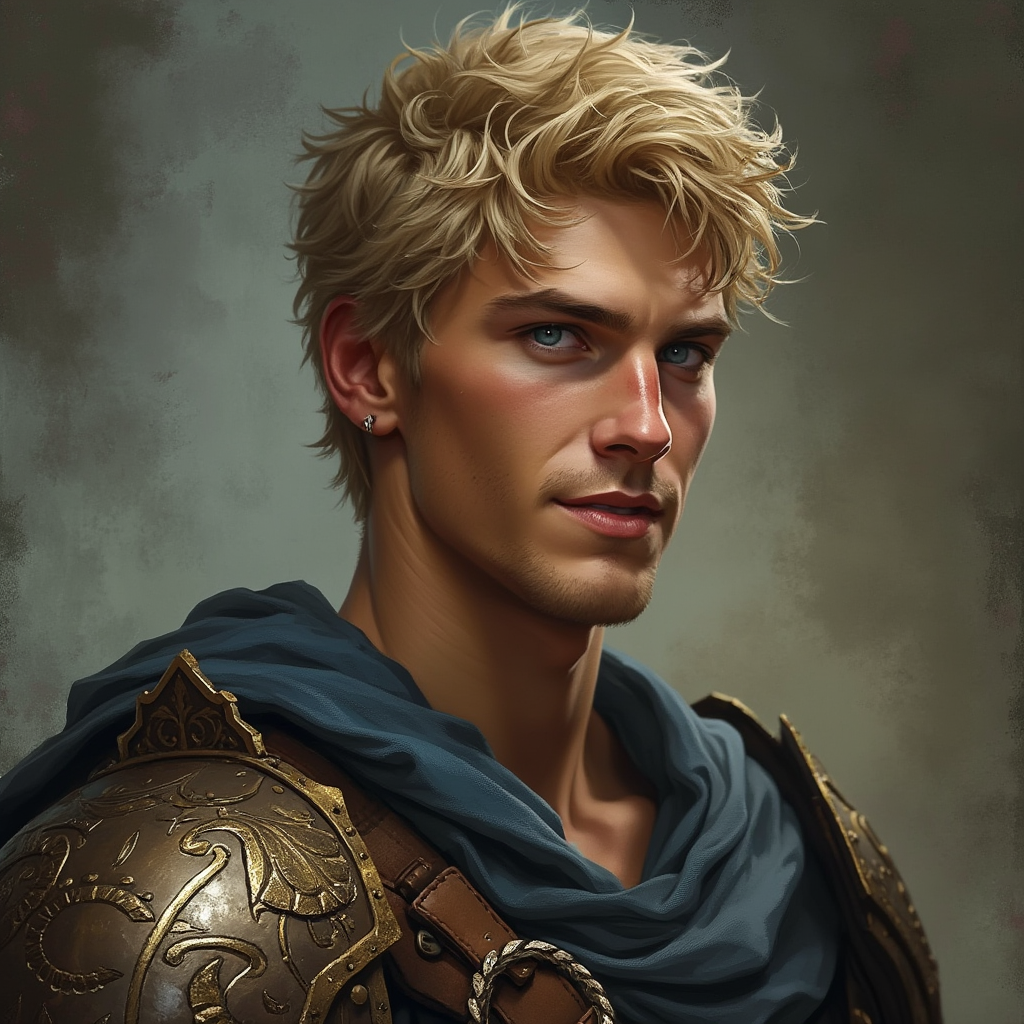 Dungeons and dragons character concept portrait. Male Fighter, Human race, Normal human anatomy and human face, non-fantasy features. Humans have strong jawline and rounded face features, with rounded eyes short blonde hair young muscley broad thick neck blue eyes no facial hair well built tank kind face hansome smilingg, , dnd photography, dnd live action, realistic dnd portrait, medium shot portrait, highly detailed, dynamic shot, 4k photo