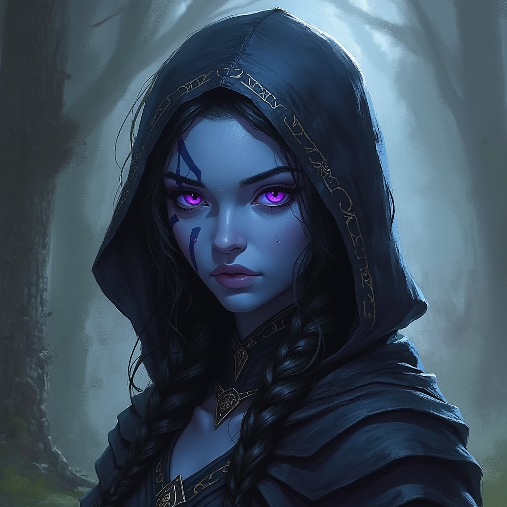 Dungeons and dragons character concept portrait. Female Ranger, Drow race, The drow, or dark elf, is a slender figure, with dark gray to nearly black skin. Their hair is stark white or pale silver, contrasting sharply with their skin. Drow have sharp, angular features, and vibrant eyes and angular eyes. They wear dark, elegant clothing with intricate details reflecting their underground and mysterious origins with long black hair in a braid, with purple eyes, with blue skin, wearing a hood, scar on the face, , intricate, elegant, highly detailed, digital painting, artstation, concept art, smooth, sharp focus, illustration, art by stable diffusion ai's favorite artists