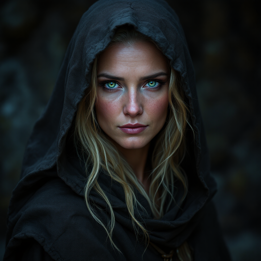 Dungeons and dragons character concept portrait. Female Sorcerer, Human race, Normal human anatomy and human face, non-fantasy features. Humans have strong jawline and rounded face features, with rounded eyes A older middle aged human woman in common robes with blonde hair and green eyes, , dnd photography, dnd live action, realistic dnd portrait, medium shot portrait, highly detailed, dynamic shot, 4k photo