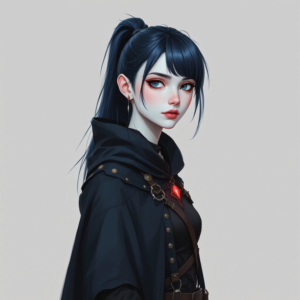 Dungeons and dragons character concept portrait. Male Barbarian, Human race, Normal human anatomy and human face, non-fantasy features. Humans have strong jawline and rounded face features, with rounded eyes Two-tone Navy Hair in a long ponytail with straight-cut bangs. Very pale blue skin. Emo/goth style clothes and a shadowy cape. Female. Full body photo, standing , , dnd hand drawing, dnd drawing portrait, dnd character drawing, highly detailed hand drawing, high quality character drawing, colored drawing, colorful drawing, light background, solid background