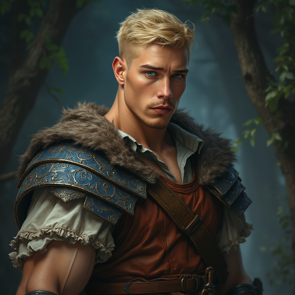 Dungeons and dragons character concept portrait. Male Fighter, Human race, Normal human anatomy and human face, non-fantasy features. Humans have strong jawline and rounded face features, with rounded eyes short blonde hair young muscley broad thick neck blue eyes no facial hair well built tank kind face hansome, , dnd photography, dnd live action, realistic dnd portrait, medium shot portrait, highly detailed, dynamic shot, 4k photo