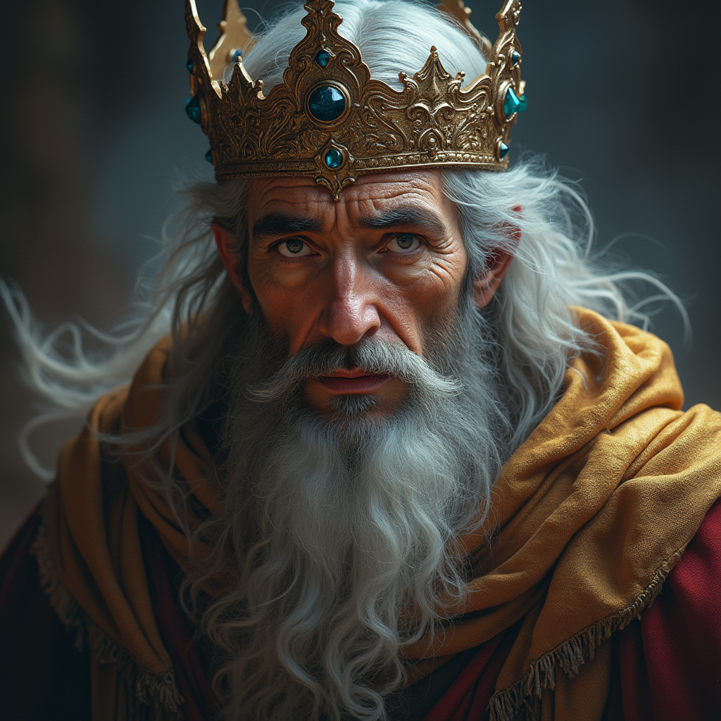 Dungeons and dragons character concept portrait. Male Sorcerer, Human race, Normal human anatomy and human face, non-fantasy features. Humans have strong jawline and rounded face features, with rounded eyes Very old, Arabic, king, with crown, , dnd photography, dnd live action, realistic dnd portrait, medium shot portrait, highly detailed, dynamic shot, 4k photo