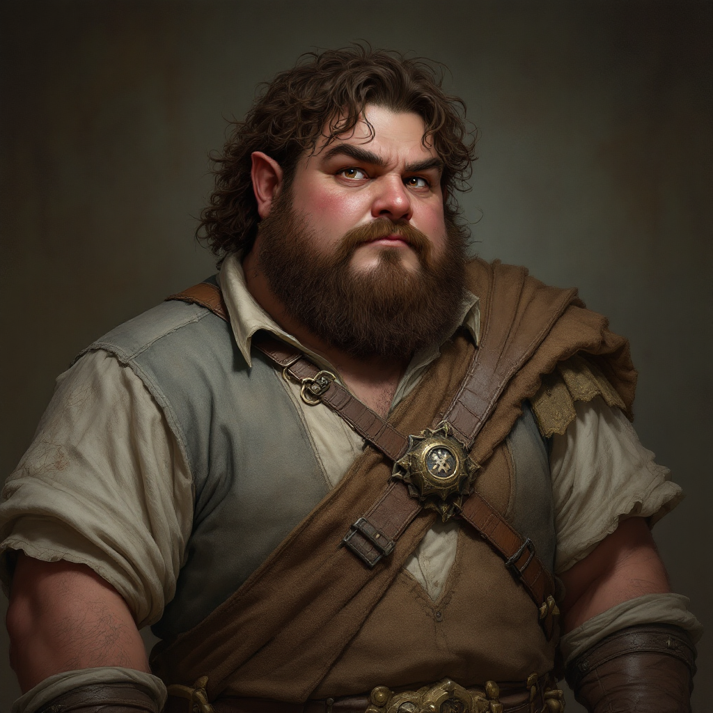 Dungeons and dragons character concept portrait. Male Fighter, Halflin race, The halfling is a stocky figure. They have a round face, large, expressive eyes, and a cheerful demeanor. Their hair is curly or wavy. Their attire feature earthy colors A middle aged chubby halfling male in merchants clothes with brown eyes and brown hair, , dnd photography, dnd live action, realistic dnd portrait, medium shot portrait, highly detailed, dynamic shot, 4k photo