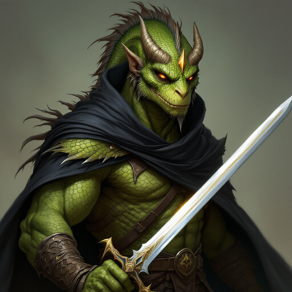 Dungeons and dragons character concept portrait. Male Fighter, Dragonborn race, The dragonborn is a tall and muscular humanoid, covered in fine, leather scales with larger scales on their forearms, legs, shoulders, and thighs. They have clawed hands and feet with three fingers and a thumb. Their face has a blunt snout, strong brow, and frills near the cheeks and ears. A crest of horn-like scales runs down the back of their head, resembling thick, ropy hair. Their eyes are red or gold He has the appearance of a green chameleon Lizard-folk. He wears the Cloak of Arachnida: A fine garment made of black silk interwoven with faint silvery threads, and under the cloak he wears common clothes . He is wielding A Sun Blade: a sword with a silver hilt and a blade of pure golden-white radiance that is thin as a wire. He has green eyes and a 1 single horn centered on his forehead., , old school dnd portrait, old school dnd character, traditional dnd character art, dungeons and dragons traditional art, 2d character drawing, colored drawing, colorful drawing