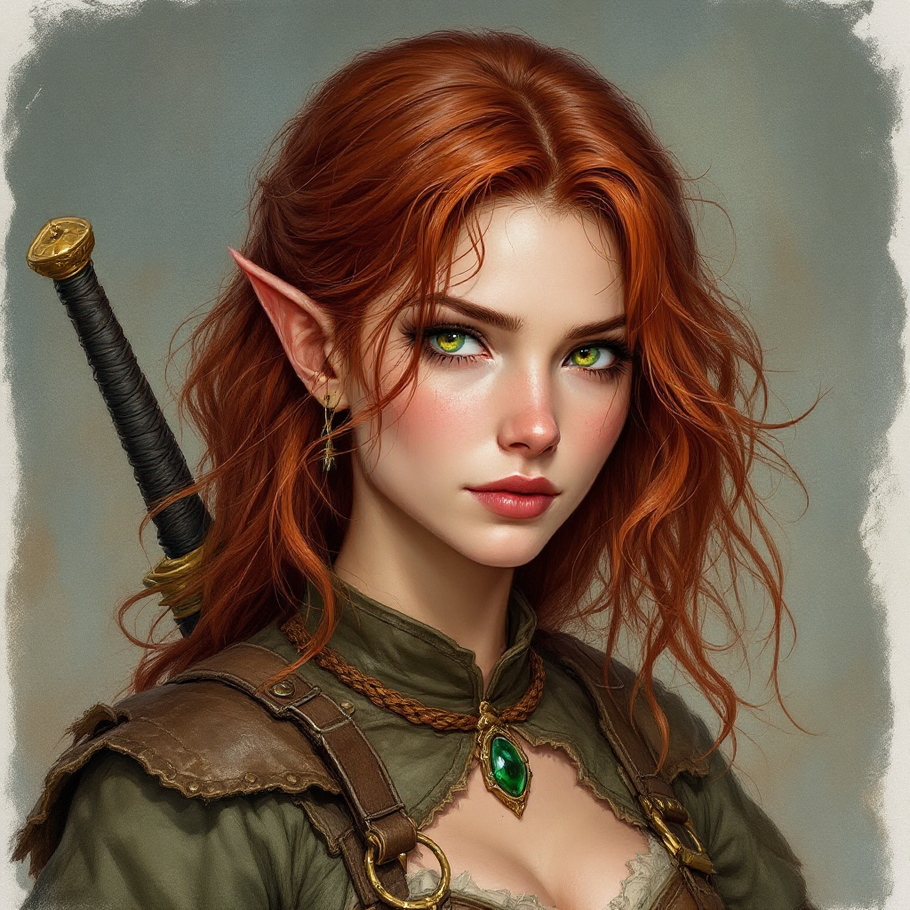 Dungeons and dragons character concept portrait. Female Ranger, Half-Elf race, The half-elf is a tall, slender figure. They have a graceful appearance with high cheekbones. Their eyes are typically vibrant and round like human eyes 23 years old. Eyes are bright green with flecks of gold. Skin is pale, silver-white. Hair is dark red, wavy and shiny. Wears two short swords on her back. Leather ranger armor. Wears a small green amulet necklace., , old school dnd portrait, old school dnd character, traditional dnd character art, dungeons and dragons traditional art, 2d character drawing, colored drawing, colorful drawing