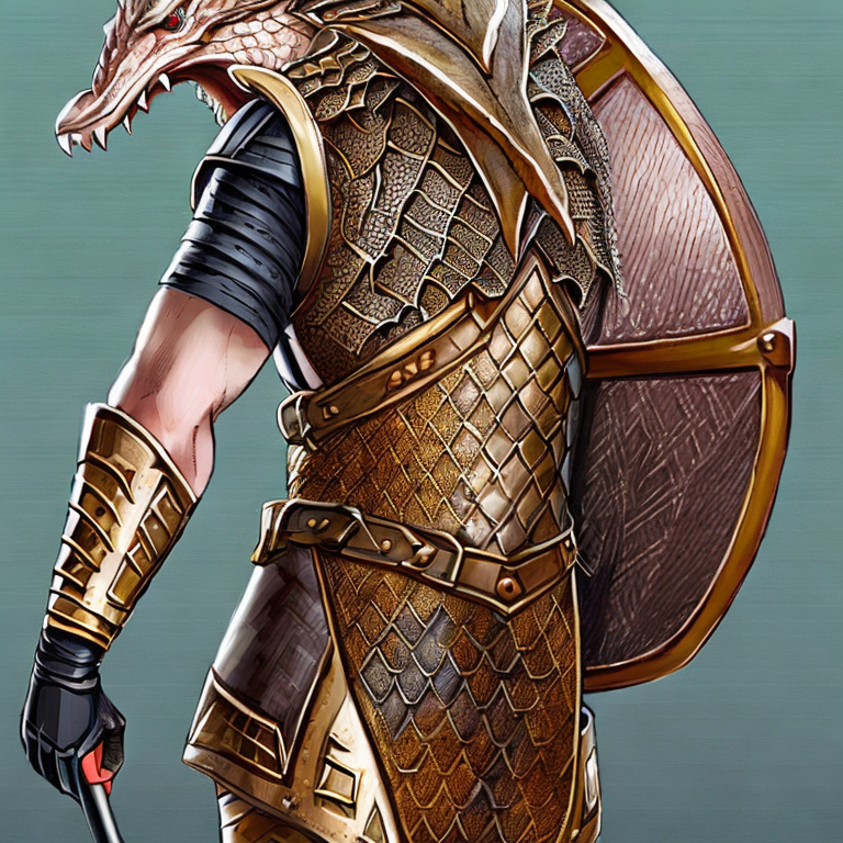 Brown scale, dragonborn race, dragon-skin, dragon-face, dragon-nose, dragon-ears, dragon-humanoid, a human with a dragon-head, upper body, d & d, fantasy, bronze dragon born. fierce . chain mail armor. sword  and shield on his back,  intricate, elegant, highly detailed, digital painting, artstation, concept art, smooth, sharp focus, illustration, art by stable diffusion ai's favorite artists